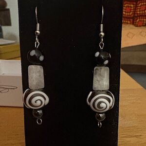 Hand Crafted Black and White Glass and Moonstone Swirl Earrings